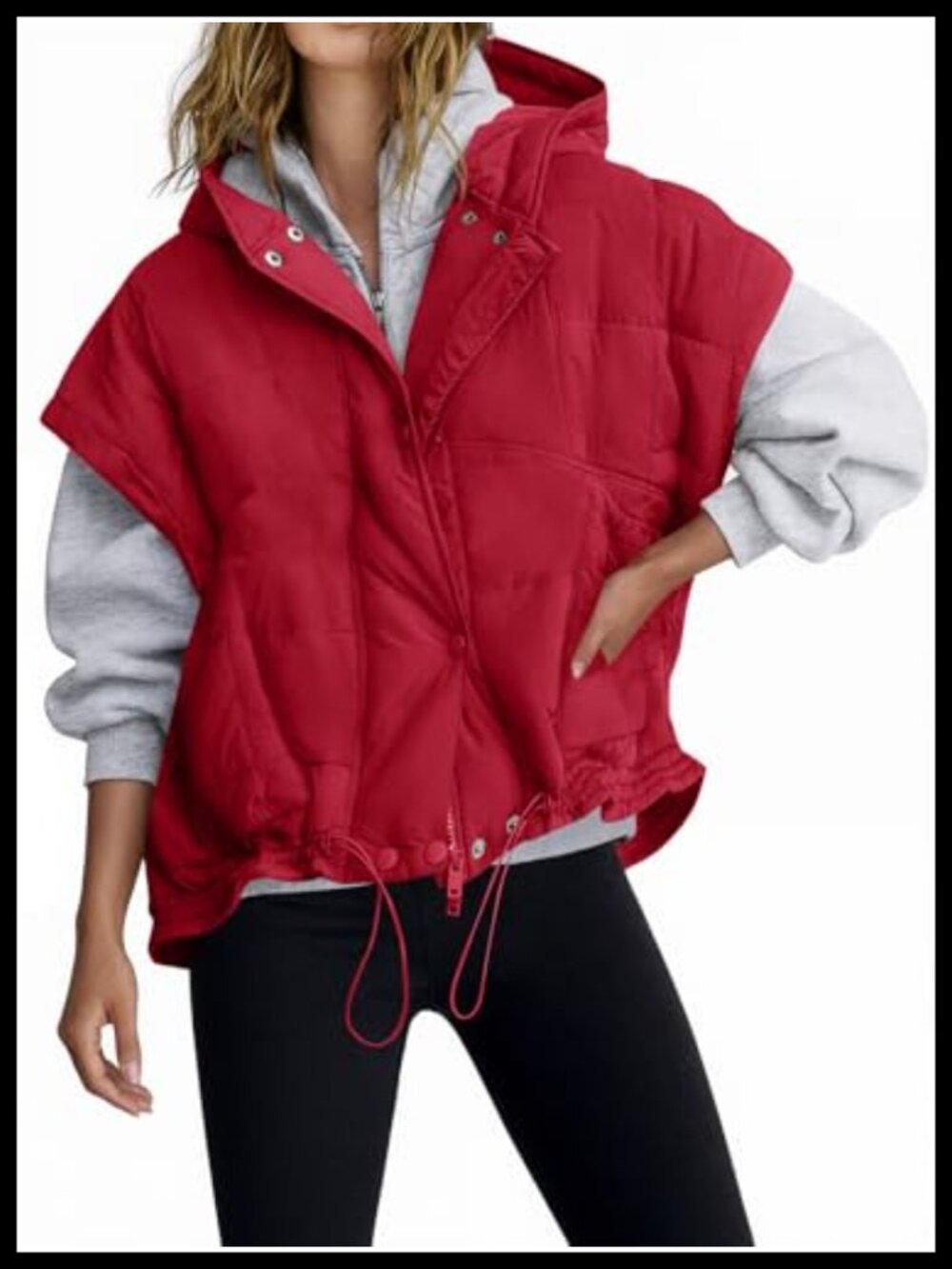 Oversized Hooded Quilted Puffer Vest Cap Sleeve Warm Trendy Padded Coat